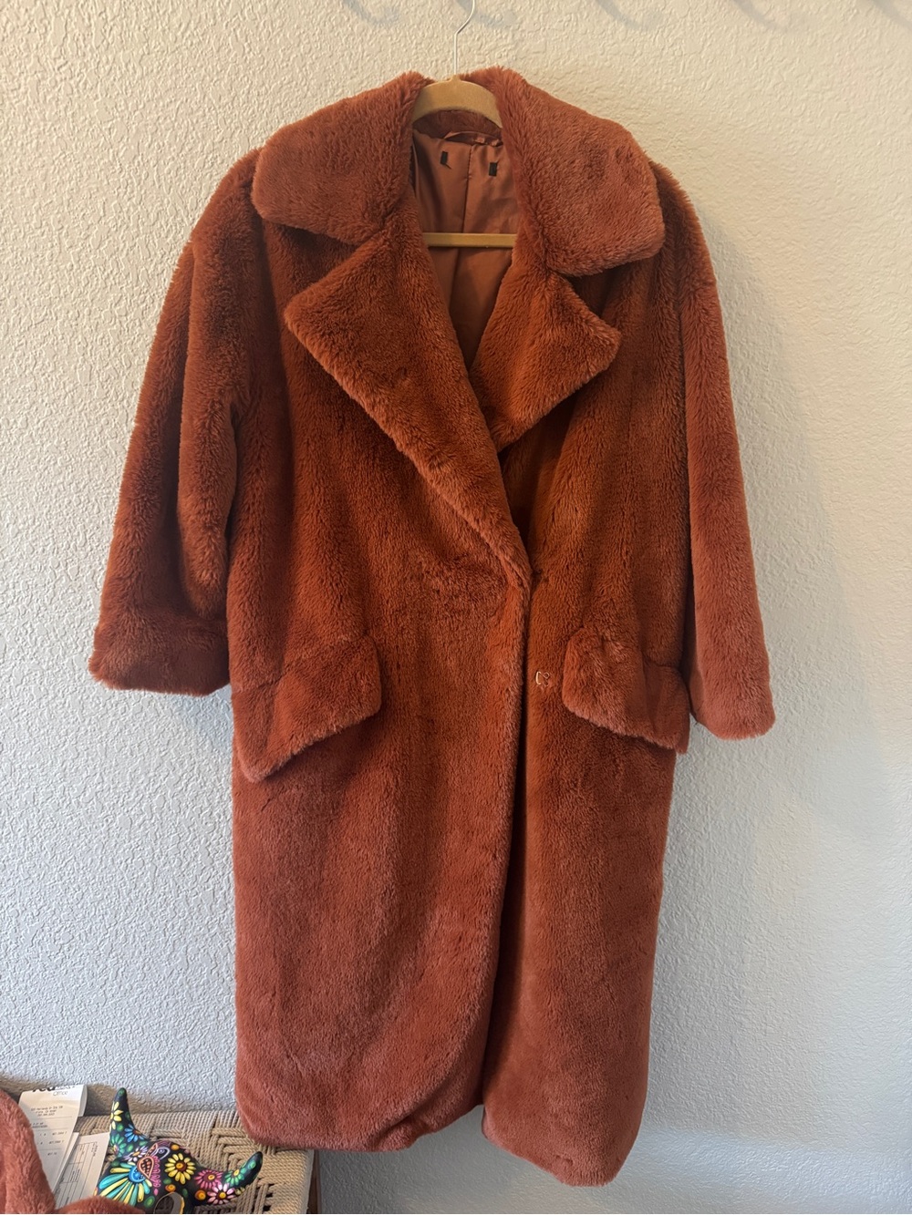 Women's Rust Faux Fur Long Coat - Plush Winter Outerwear